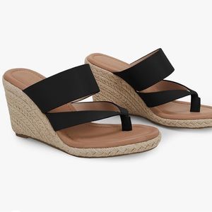 Coutgo Espadrille Wedge Sandals Platform Thong Leather Strap Slides Backless